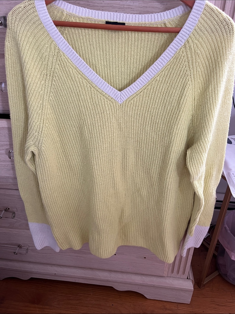 Talbots Light Yellow V-Neck Sweater with White Trim